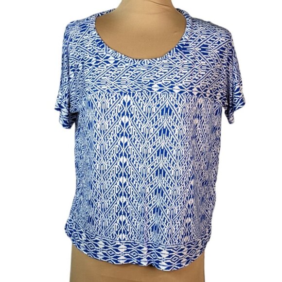 OLD NAVY Aztec Print Round Neck Short Sleeve T-Shirt Blue and White Size Medium - Picture 11 of 11